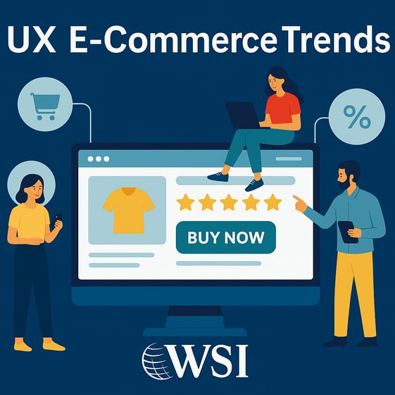 Image showing UX trends in eCommerce with users on a product page featuring stars, deals, and a “Buy Now” button. 